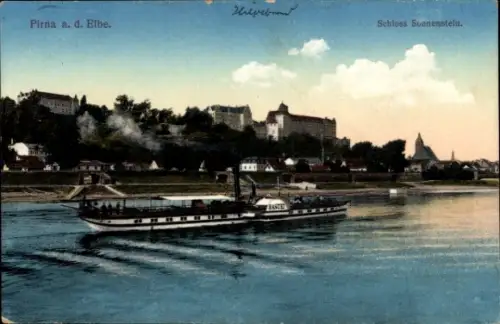 Ak Sonnenstein Pirna in Sachsen, Schiff auf der Elbe, Schloss Sonnenstein,  Landschaft, Wasser