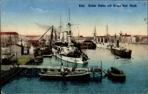 Ak Kiel,  Kieler Hafen, Schiffe, Krupp Werft