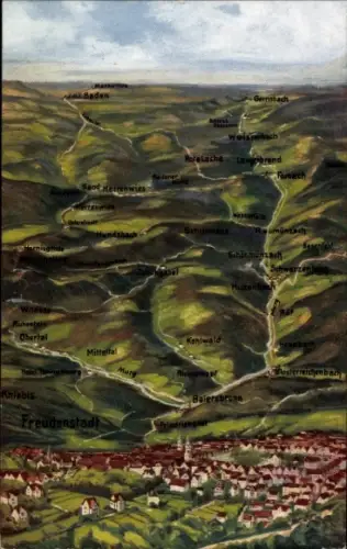 Ak Freudenstadt im Schwarzwald, Landschaft mit vielen Orten,  Karte mit Ortsnamen