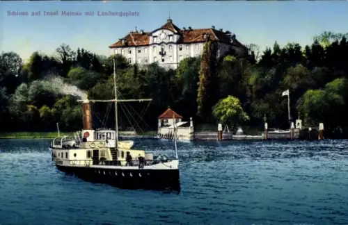 Ak Insel Mainau im Bodensee, Schloss auf  Landungsplatz, Dampfschiff