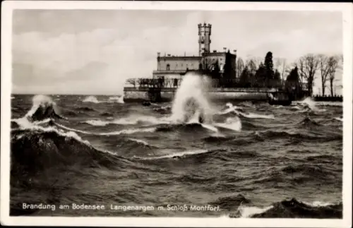 Ak Langenargen am Bodensee, Brandung am Bodensee, Schloss Montfort, Wellen, Schwarz-Weiß-Foto