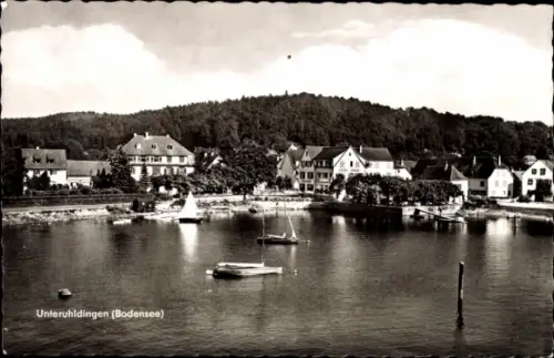 Ak Unteruhldingen Uhldingen Mühlhofen am Bodensee, Unteruhldingen am Bodensee, Boote im Wasser, H