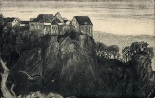 Ak Beuron an der Donau Württemberg, Burg auf einem Felsen, bewaldete Umgebung, künstlerische Dars