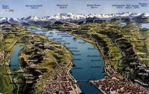 Landkarten Ak Zürich Stadt Schweiz, Uetliberg, Zürichsee, Bergpanorama
