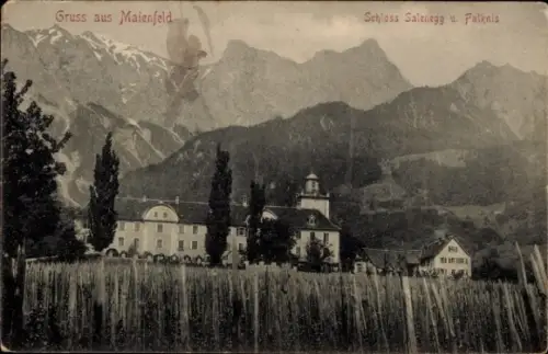 Ak Maienfeld Kanton Graubünden, Gruss aus  Schloss Salenegg, Berge im Hintergrund