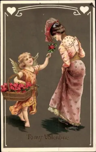 Ak Valentinstag, Amor, Rosen, junge Frau
