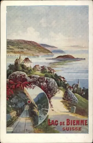 Künstler Ak Schweiz, Lac de Bienne, Panorama