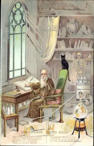 Ak Saint Galmier Loire, Source Badoit, Alchemist, Skelett, Katze, Reklame