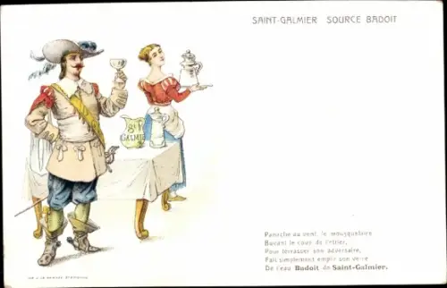 Ak Saint Galmier Loire, Source Badoit, mousquetaire, Reklame