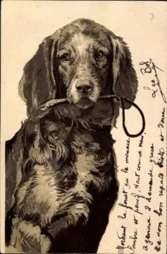 Präge Litho Hund mit Stocken im Maul