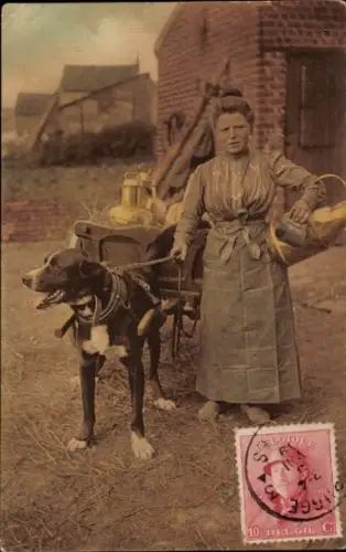 Ak Flämisches Milchmädchen, Arbeitshund, Belgische Tracht