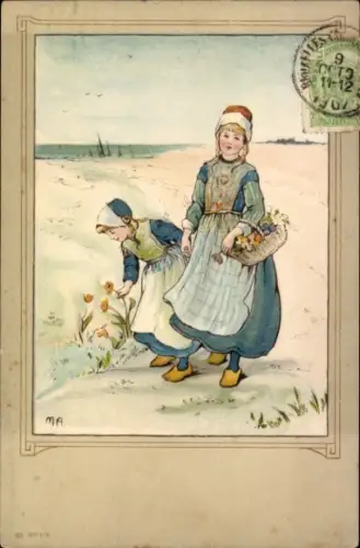 Künstler Ak Mädchen in belgischen Trachten, Blumen