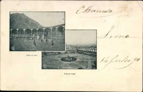 Ak Lima Peru, Plaza de tors, Plaza de Arma, Schwarz-Weiß-Fotos, Personen im Vordergrund