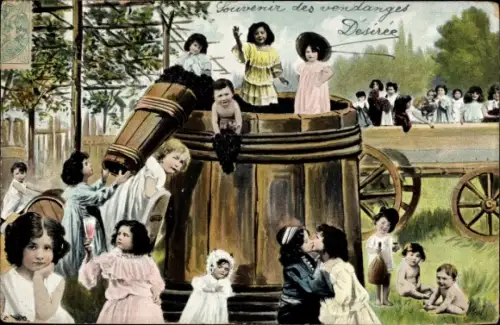 Ak Kinder in großem Fass, Weinernte, Fotomontage