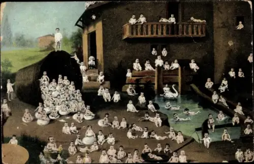 Ak Neugeborene, Babys, Korb, Schwimmbad, Fotomontage