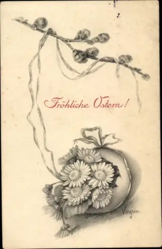 Künstler Ak Glückwunsch Ostern, Weidenkätzchen, Blumen