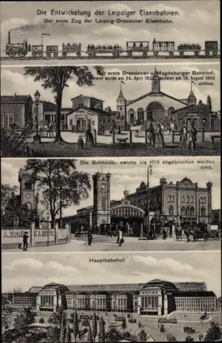 Ak Leipzig in Sachsen, die Entwicklung der Leipziger Eisenbahn, Bahnhof, Zug