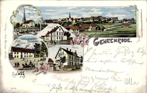 Litho Gehrenrode Bad Gandersheim in Niedersachsen, Pfarre, Schule, Gastwirtschaft Markgrafe, Kirche