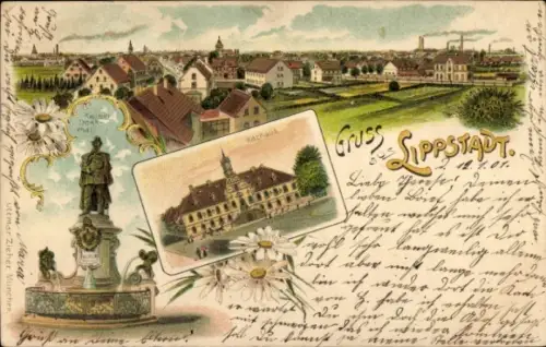 Litho Lippstadt in Westfalen, Gesamtansicht, Rathaus, Kaiser Denkmal