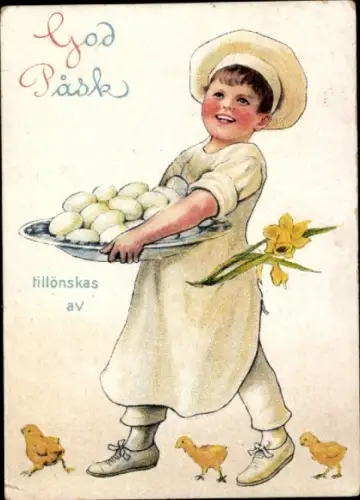 Künstler Ak Nyström, Jenny, Frohe Ostern, Junge als Koch, Platte mit Eiern, Küken, Narzisse
