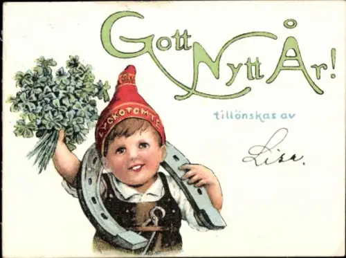 Künstler Ak Nyström, Jenny, Fröhliches Neujahr, Junge mit Zwergenmütze, Hufeisen, Klee