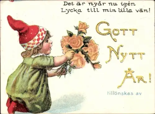 Künstler Ak Nyström, Jenny, Fröhliches Neujahr, Mädchen mit Zwergenmütze, Rosen
