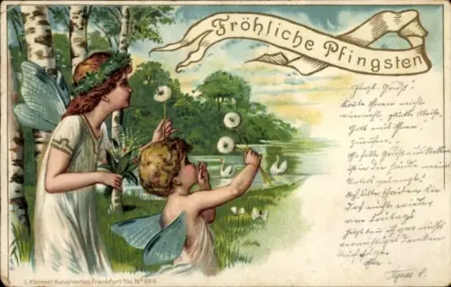 Litho Glückwunsch Pfingsten, Feen, Birken, Löwenzahn