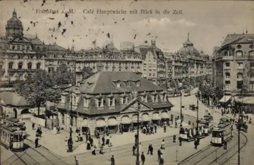 Ak Frankfurt am Main, Schwarz-Weiß-Bild, Café Hauptwache, Blick in die Zeil, Straßenbahnen, Frank