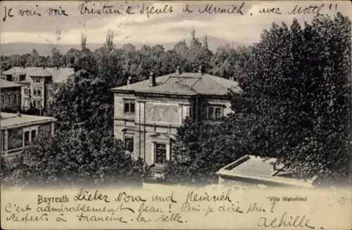 Ak Bayreuth in Oberfranken, Blick auf Villa Wahnfried,  Bäume, Text in Französisch und Deutsch