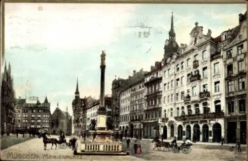 Ak München, Hofbräuhaus,  Marienplatz,  Gebäude, Pferdewagen, Menschen