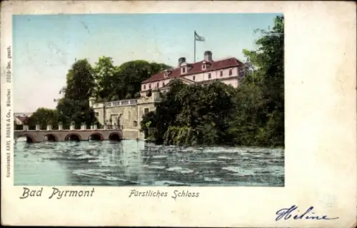 Ak Bad Pyrmont in Niedersachsen,  Fürstliches Schloss, Wasser, Bäume, Flagge
