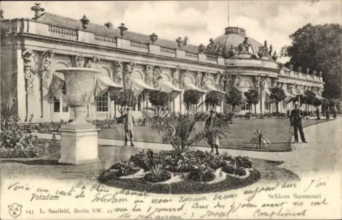 Ak Potsdam Sanssouci, Schloss Sanssouci,  Gartenanlage, Pflanzen, Statue