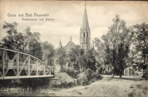 Ak Bad Neuenahr Ahrweiler Rheinland Pfalz, Gruss aus  Poststrasse, Kirche, Brücke, Bäume