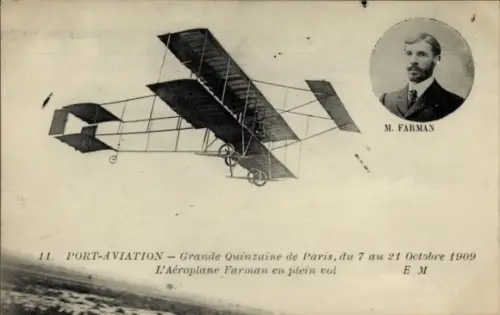 Ak Port Aviation, Grande Quinzaine de Paris, du 7 au 21 Octobre 1909, Aéroplane Farman, Flugpionier
