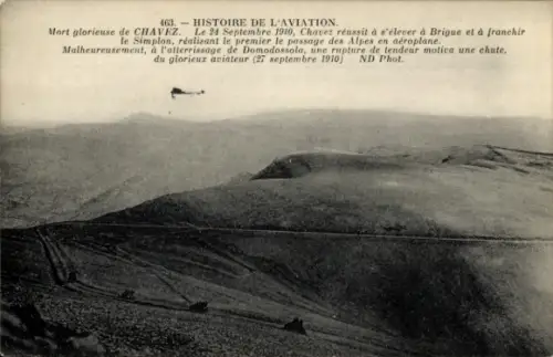 CPA Aviation, Le 24 Septembre 1910, Chavez réussit à s'élever à Brigue et à franchir le Simplon