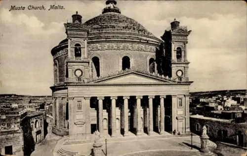 Ak Musta Mosta Malta, Musta Church, Malta, große Kuppel, Säulen, Statue