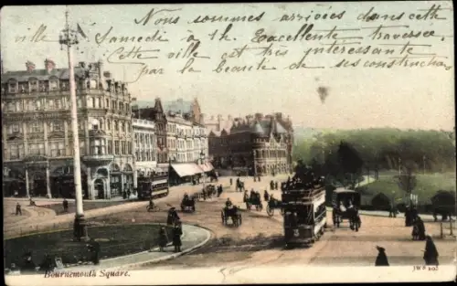 Ak Bournemouth Dorset England, Bournemouth Square, Straßenansicht, Pferdekutschen, Tram, 