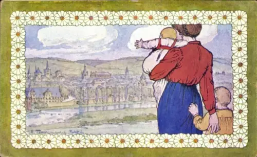 Passepartout Künstler Ak Trier an der Mosel, Gesamtansicht, Frau mit Kindern
