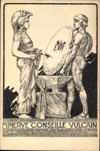Künstler Ak Favre, Minerve conseille Vulcain, Société Francaise des Appareils Electriques Véga, Lyon