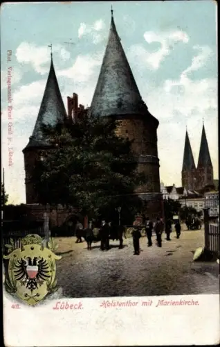 Ak Hansestadt Lübeck, Holstenthor, Marienkirche, Wappen