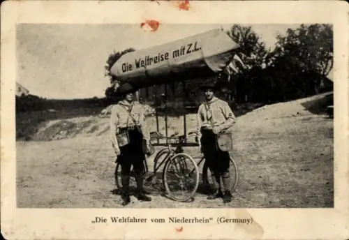 Ak Weltfahrer vom Niederrhein, Fahrräder, Zeppelin