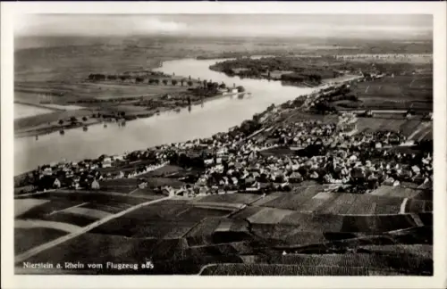 Ak Nierstein am Rhein, Luftaufnahme von Nierstein am Rhein, Fluss, Weinberge, Häuser
