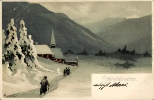 Künstler Litho Mailick, Glückwunsch Weihnachten, Winterlandschaft, Gebirge