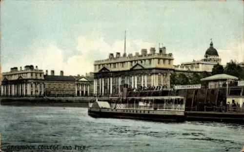 Ak Greenwich London England, Greenwich College, Pier, Boot auf dem Wasser, farbige 