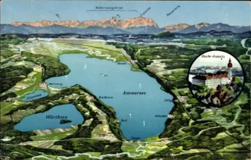 Landkarten Ak Erling Andechs in Oberbayern, Kloster Andechs, Gebirge, Ammersee, Wörthsee
