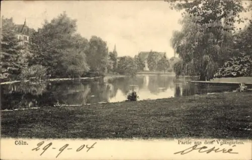 Ak Cöln Köln am Rhein,  Volksgarten, Wasserfläche, Bäume, Schriftzug: Partie aus dem Volksgarten