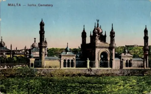 Ak Valletta Malta,  lurhs Cemetery, farbenfrohe Darstellung,  Stätte