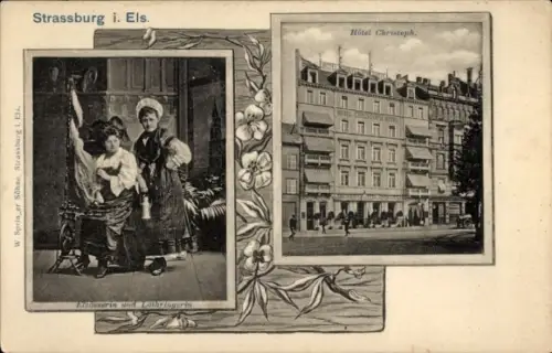 Passepartout Ak Straßburg Elsass Bas Rhin, Hotel Christoph, Frauen in Tracht