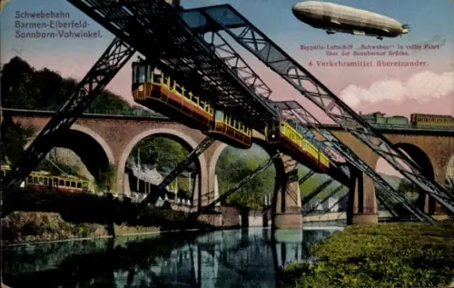 Ak Barmen Wuppertal in Nordrhein Westfalen, Eisenbahn, Schwebebahn, Zeppelin, Straßenbahn