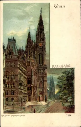Künstler Litho Wien 1. Innere Stadt Österreich, Blick auf das Rathaus, Straße
